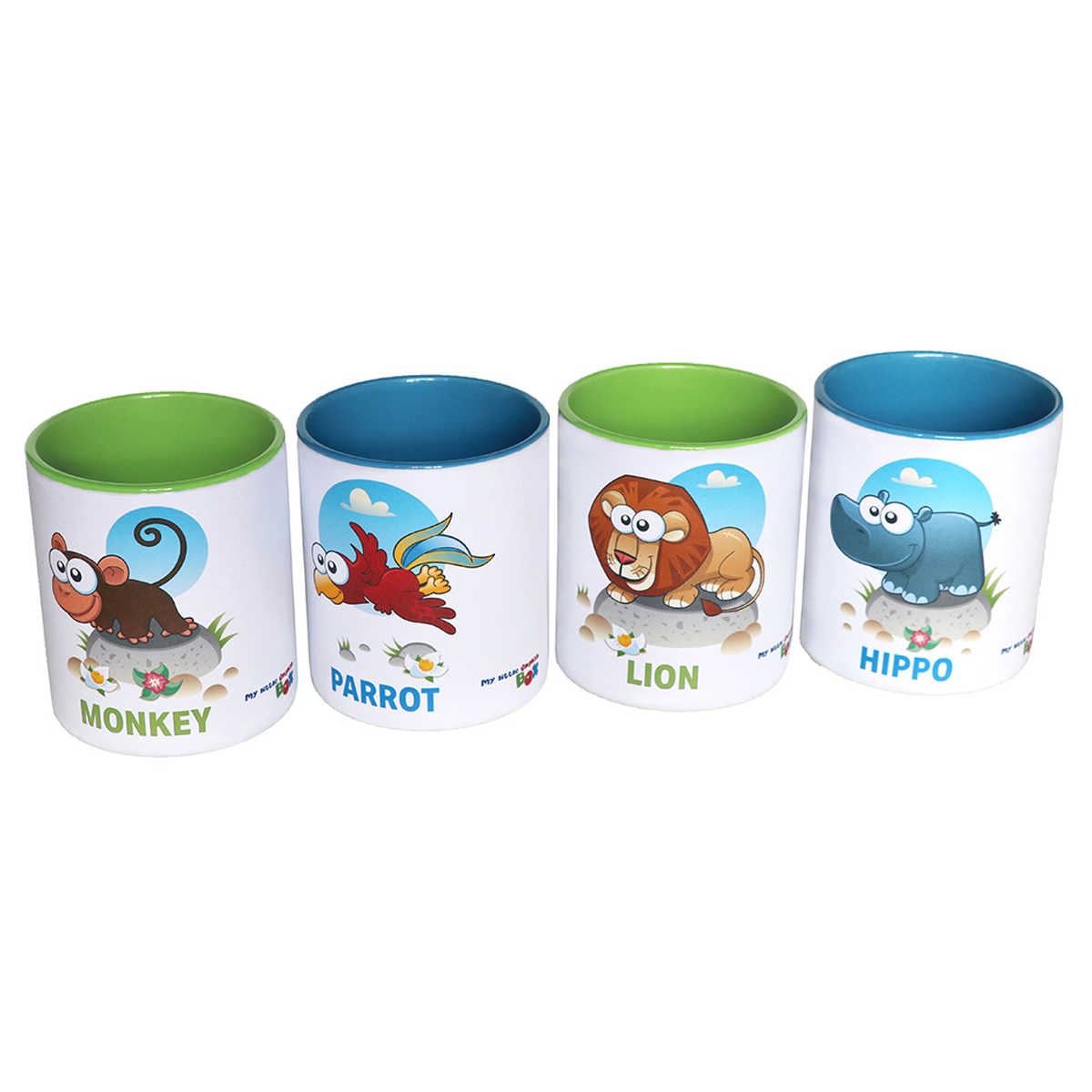 4er-Tassen-Set mit lustigen Tiermotiven
